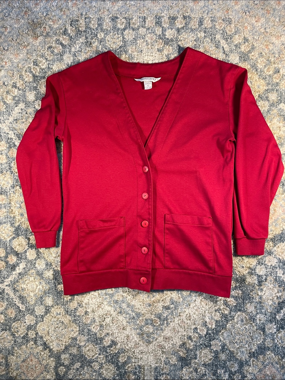 Land’s End Women's Deep Red V-Neck Button Cardigan with Pockets 100% Cotton USA